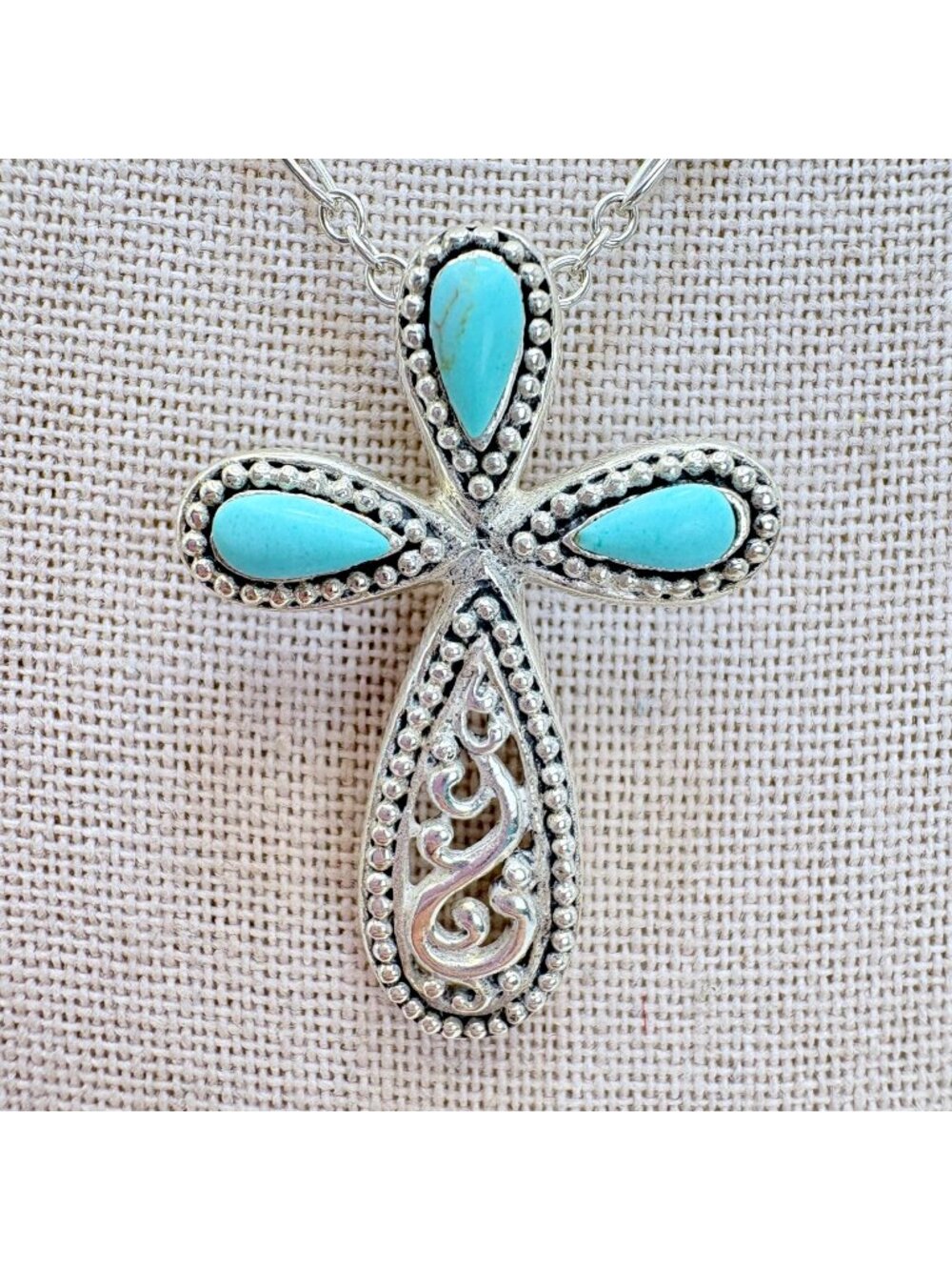 Thailand Turquoise Scroll Design Cross 925 Sterling Silver 1.5" 26" Figaro Chain